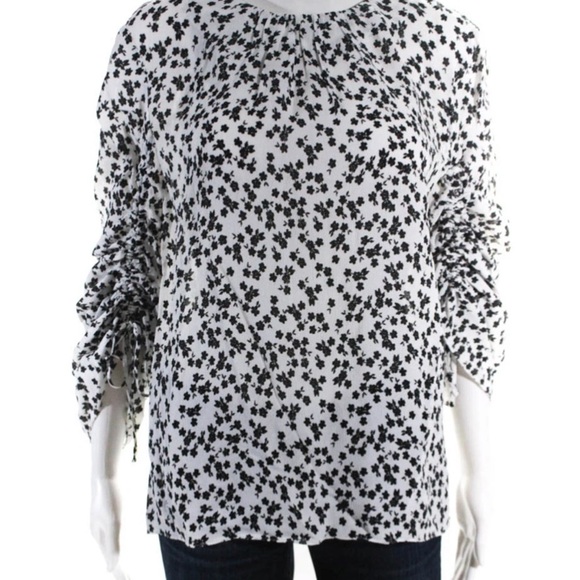 Tibi black white ditsy floral adjustable ruched sleeve blouse viscose size 8 - Picture 10 of 10